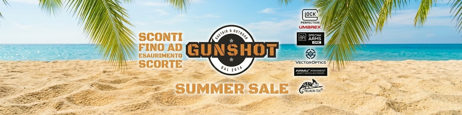 Banner promozionale Gunshot Summer Sale: sconti imperdibili sulla collezione estiva.