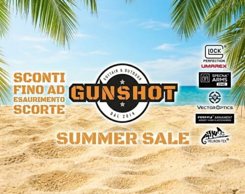 Banner promozionale Gunshot Summer Sale: sconti imperdibili sulla collezione estiva.