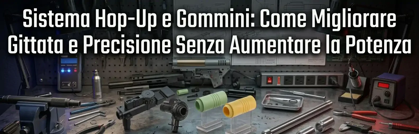 Componenti per softair tra cui gruppi Hop-Up, gommini e canna di precisione disposti su un banco da lavoro da officina con strumenti di montaggio e la scritta "Sistema Hop-Up e Gommini: Come Migliorare Gittata e Precisione Senza Aumentare la Potenza".