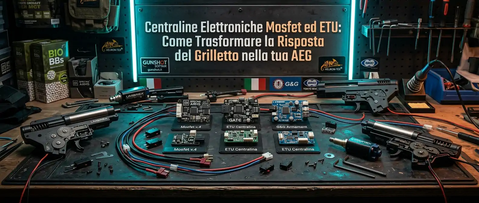 Centraline Elettroniche Mosfet ed ETU per repliche softair AEG su banco da lavoro